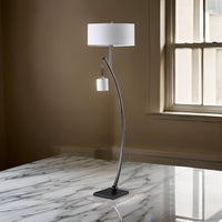 Jiya 59 Inch Arc Floor Lamp, Hanging Design, 2 White Drum Shades, Black By Casagear Home