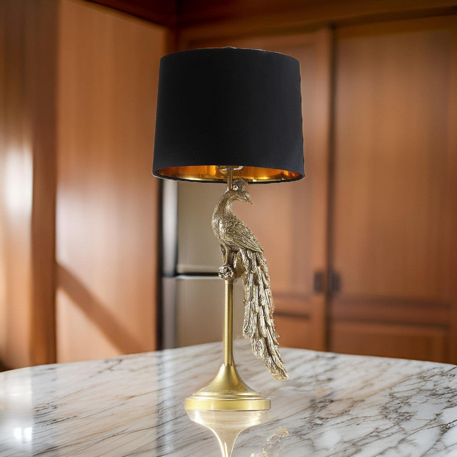 29 Inch Peacock Table Lamp, Gold Polyresin Sculpture, Black Drum Shade By Casagear Home