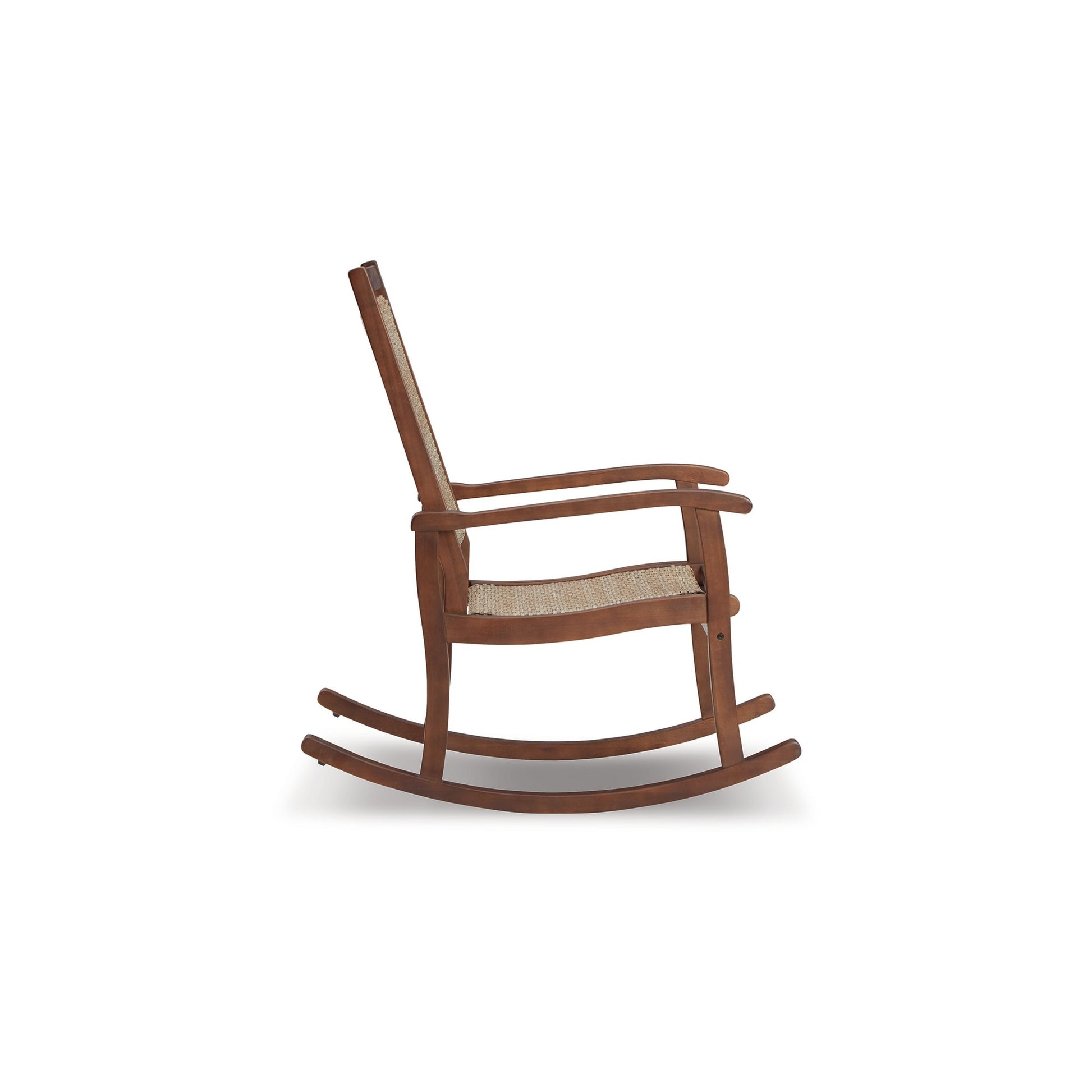 Emin 38 Inch Rocking Chair Outdoor Resin Wicker Seat Brown Wood Frame By Casagear Home BM311596