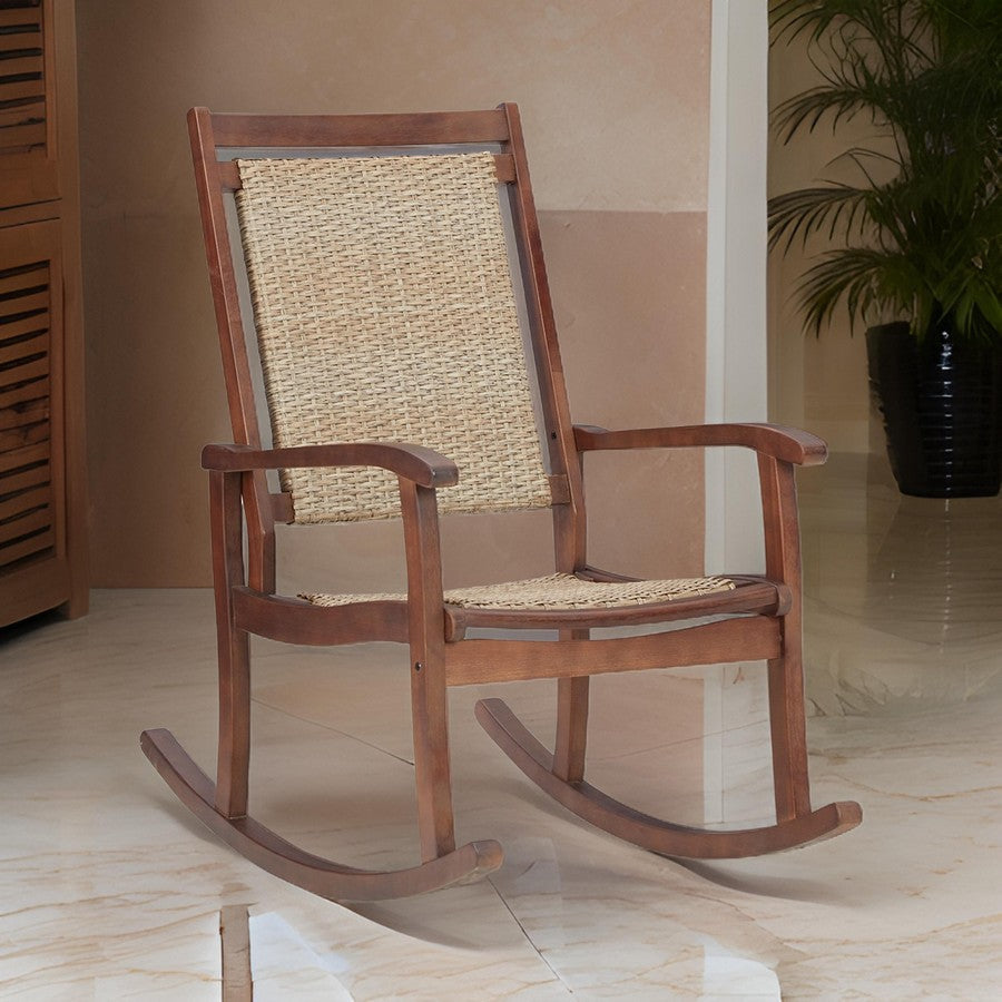 Emin 38 Inch Rocking Chair Outdoor Resin Wicker Seat Brown Wood Frame By Casagear Home BM311596