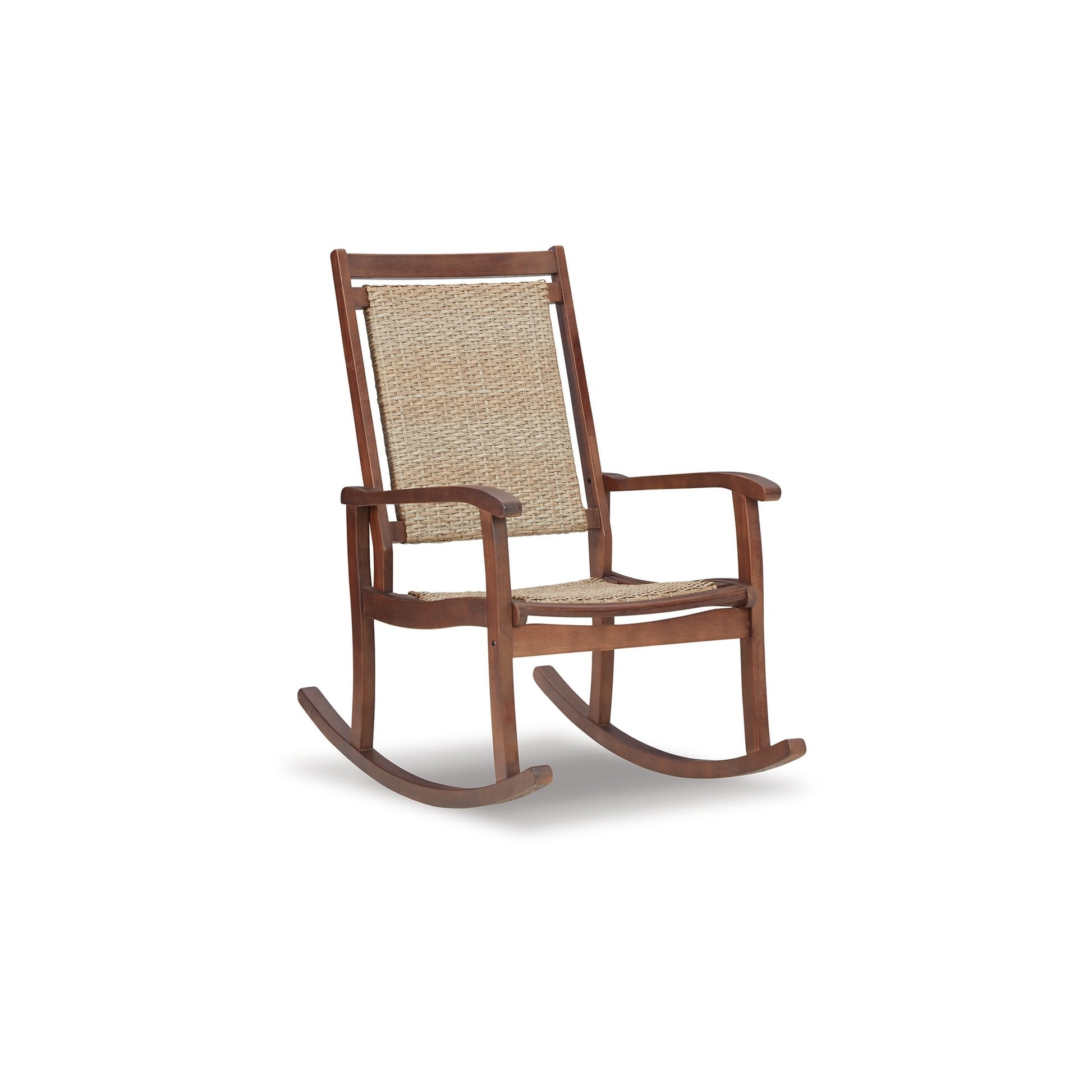 Emin 38 Inch Rocking Chair Outdoor Resin Wicker Seat Brown Wood Frame By Casagear Home BM311596