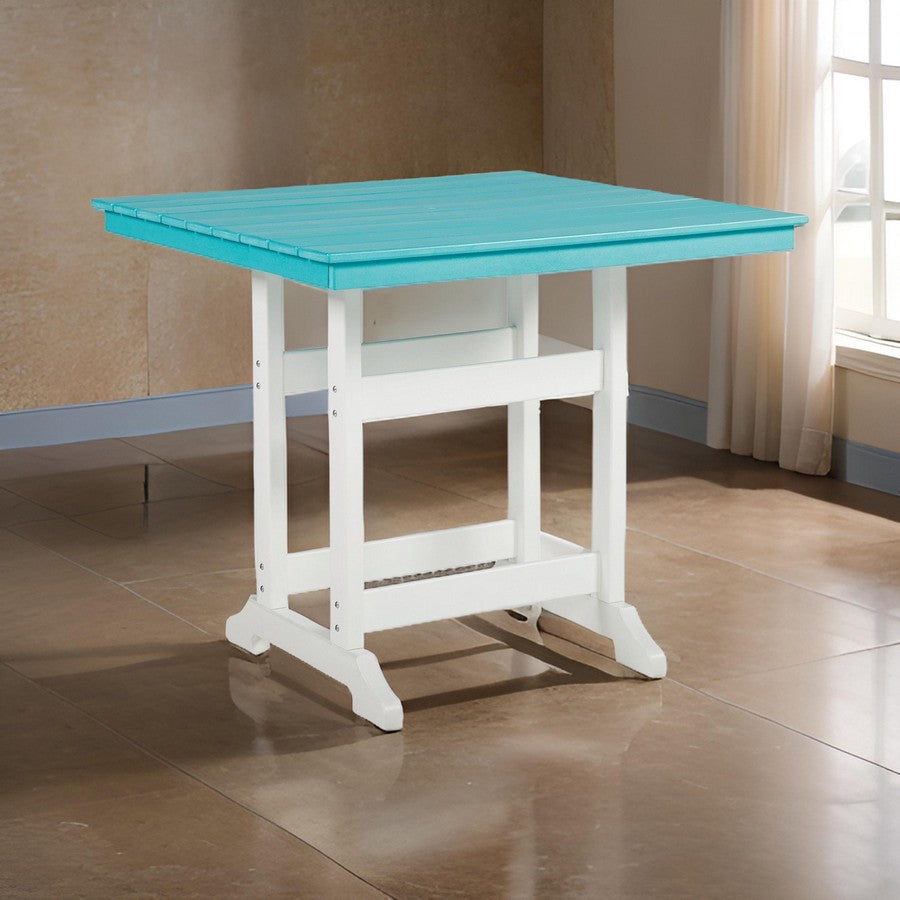 Ely 42 Inch Counter Height Dining Table, Outdoor Slatted, Turquoise, White By Casagear Home