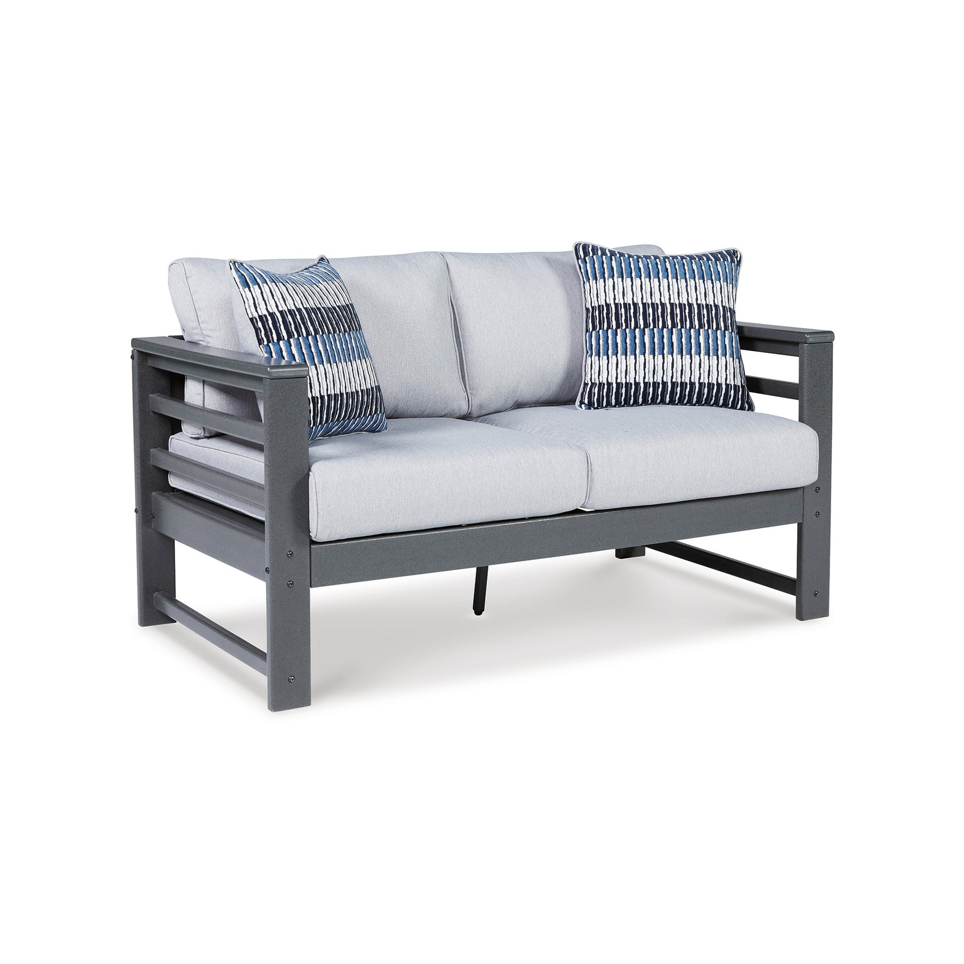 55 Inch Outdoor Loveseat Gray Frame Cushioned Seat 2 Throw Pillows By Casagear Home BM311623