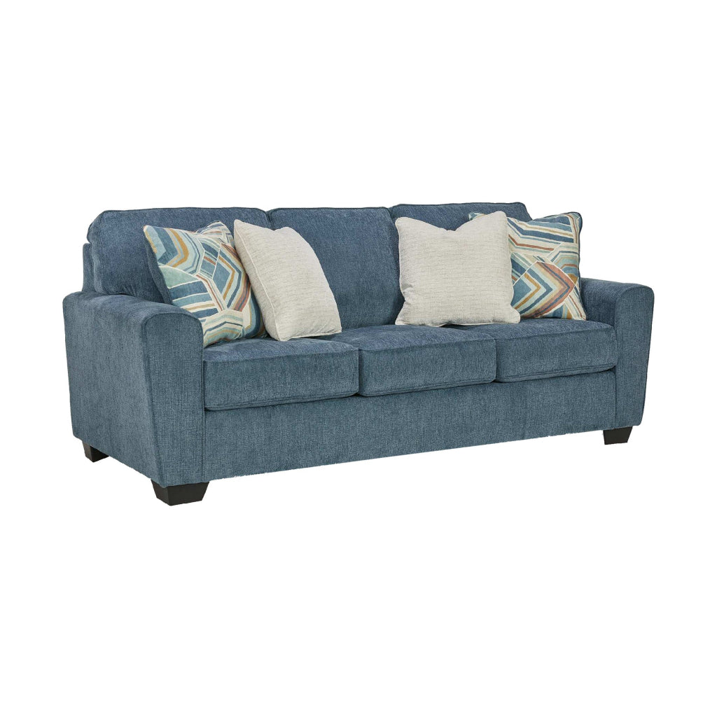 Caten 87 Inch Sofa Transitional Soft Polyester 4 Pillows Muted Blue By Casagear Home BM311644