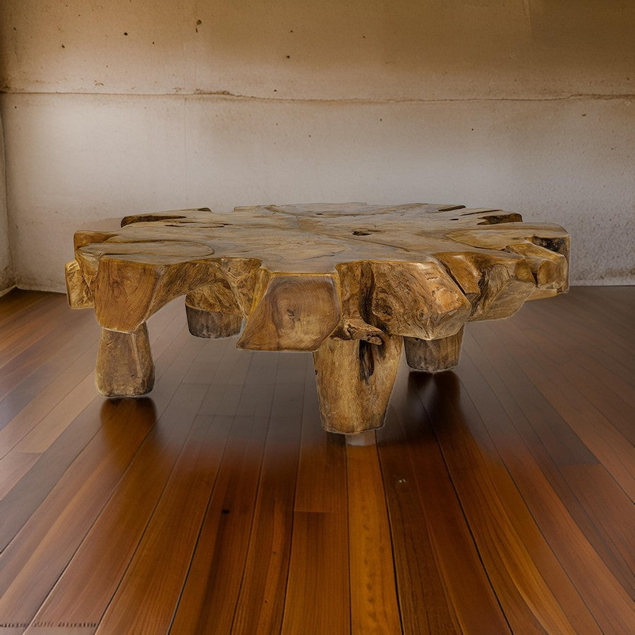 47 Inch Coffee Table, Teak Root Frame, Natural Wood Grains, Classic Brown By Casagear Home