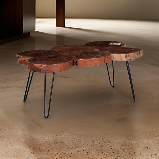 39 Inch Coffee Table, Acacia Wood Top, Angled Metal Support Legs, Brown  By Casagear Home
