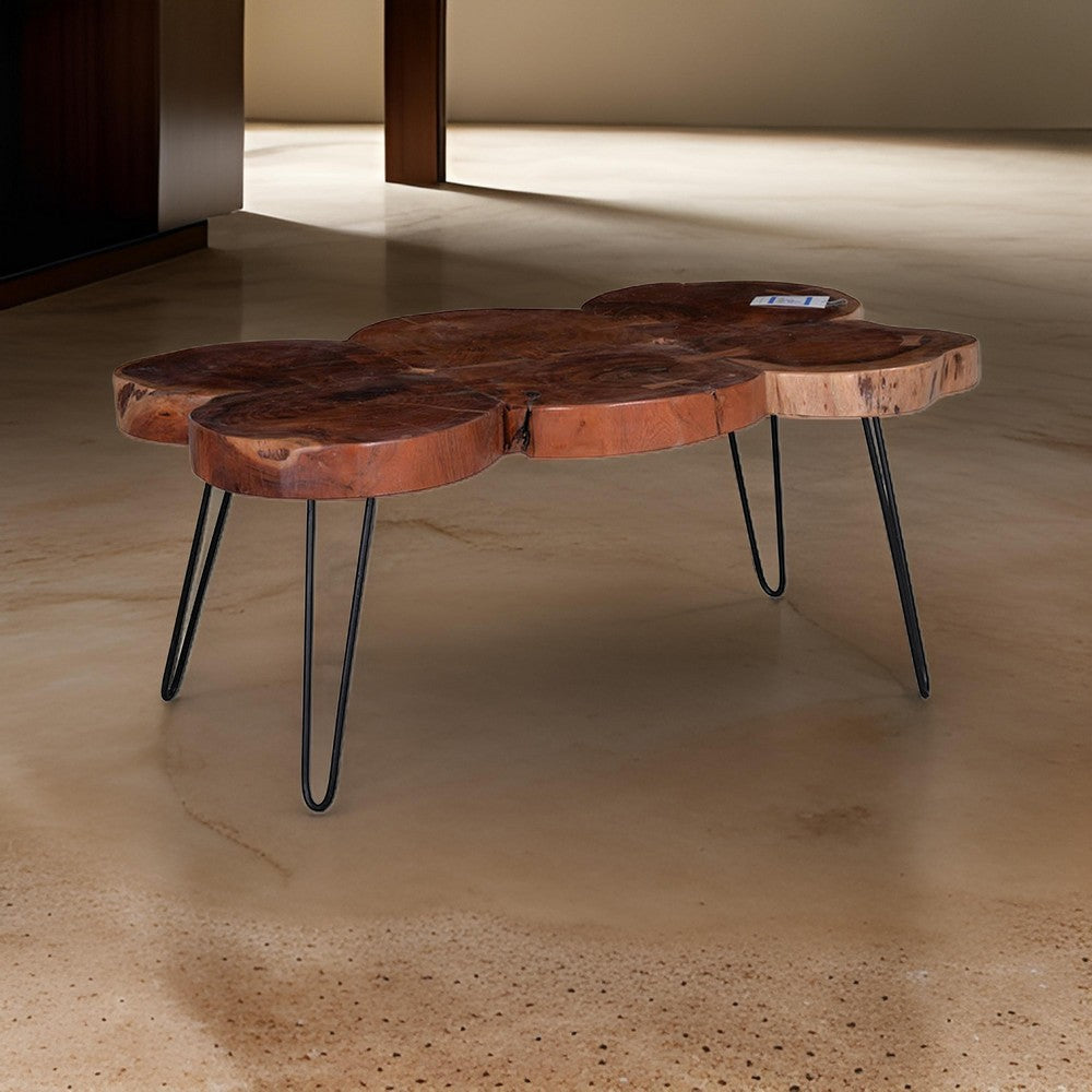 39 Inch Coffee Table, Acacia Wood Top, Angled Metal Support Legs, Brown  By Casagear Home