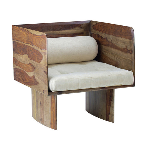 30 Inch Accent Chair, Panel-Style Legs, Tufted, Brown Wood, Beige Cotton By Casagear Home