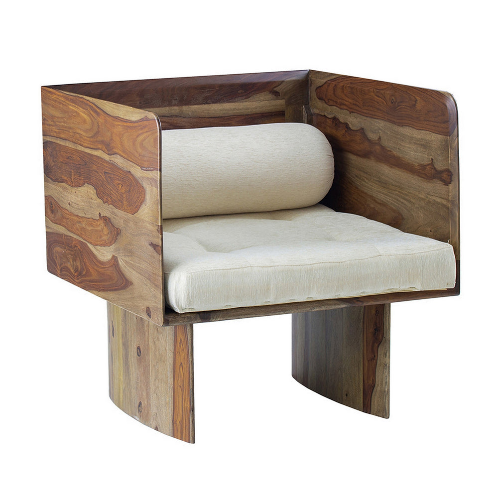 30 Inch Accent Chair, Panel-Style Legs, Tufted, Brown Wood, Beige Cotton By Casagear Home
