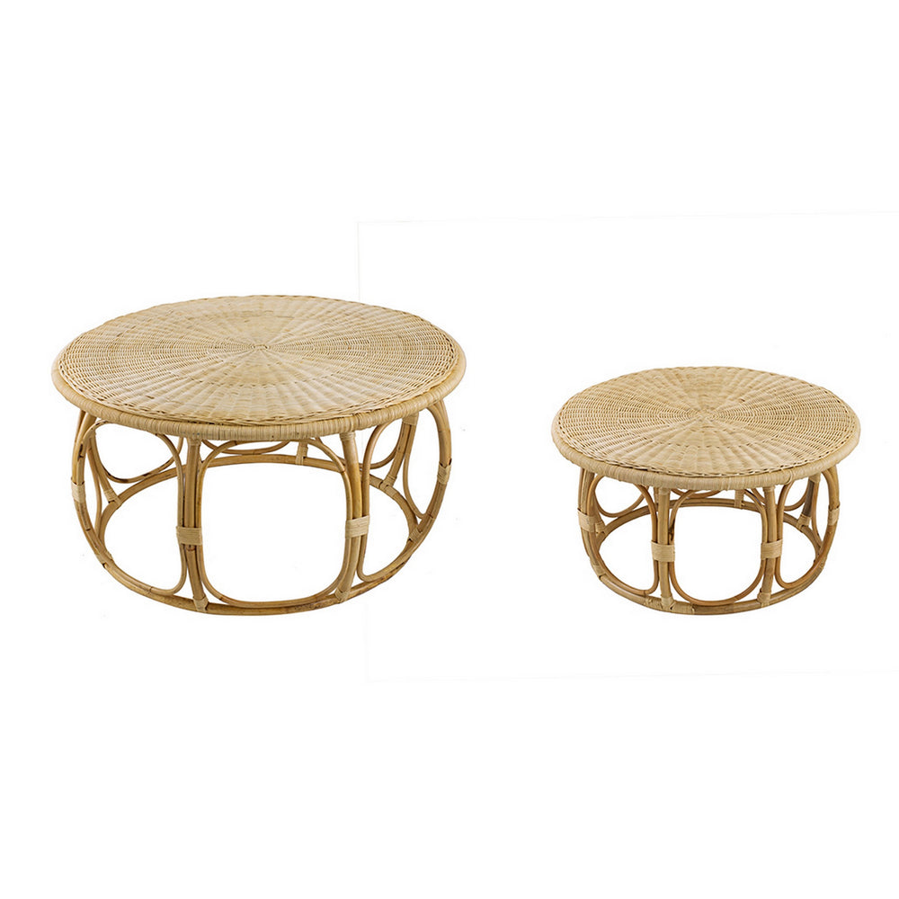 32 40 Inch Coffee Table Set of 2 Round Tops Handwoven Rattan Brown By Casagear Home BM311665