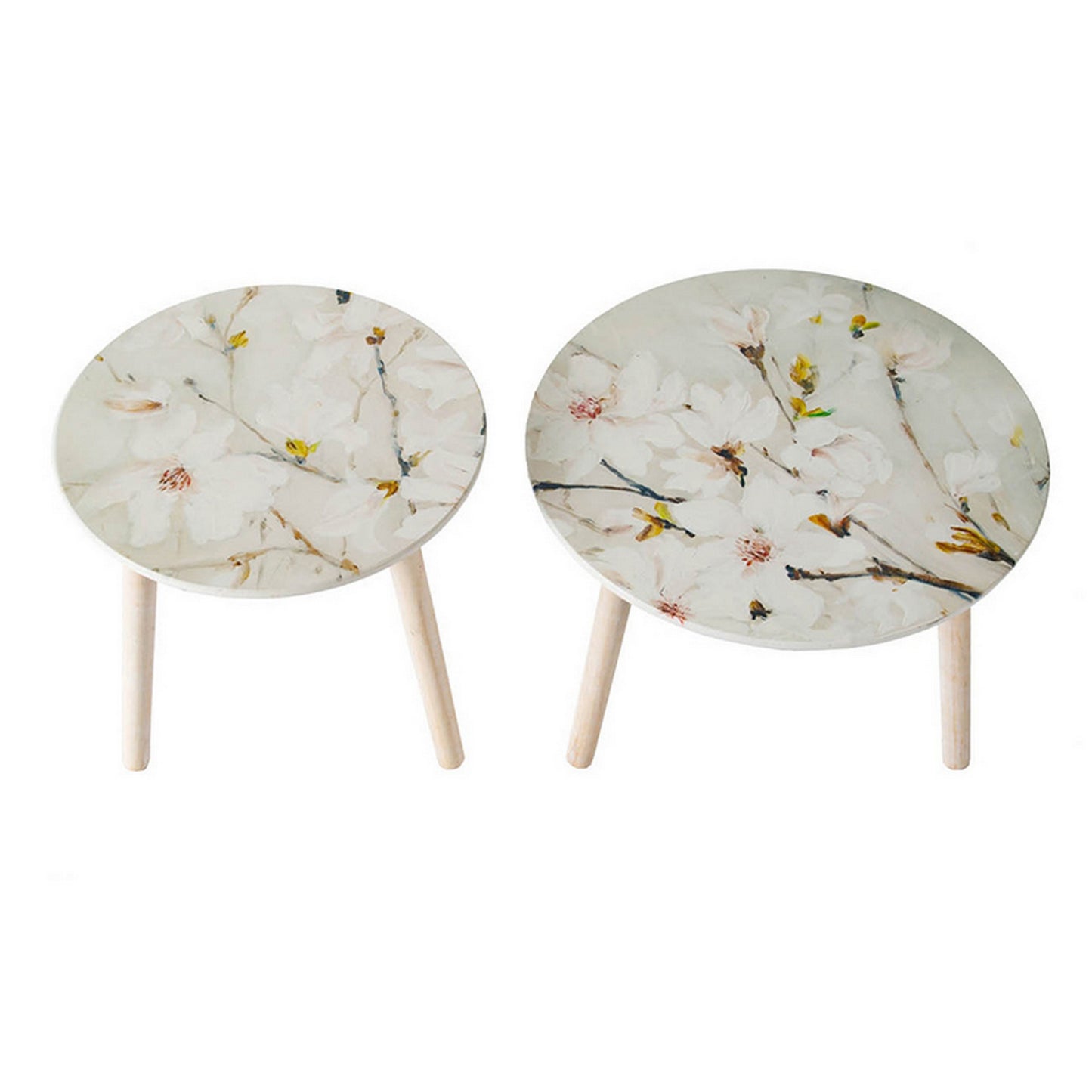 Byle 16 20 Inch Side Table Set of 2 Floral Design Cherry Blossom White By Casagear Home BM311670