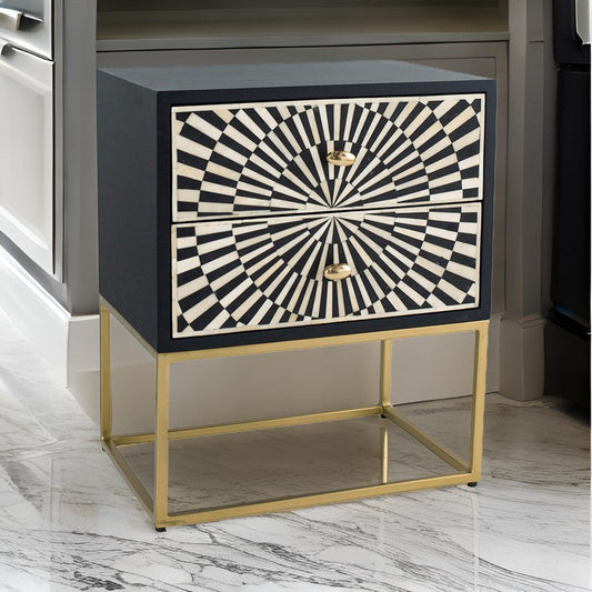 24 Inch Sideboard Cabinet, 2 Drawers, Sunray Bone Inlay, Iron, Brass, Black By Casagear Home