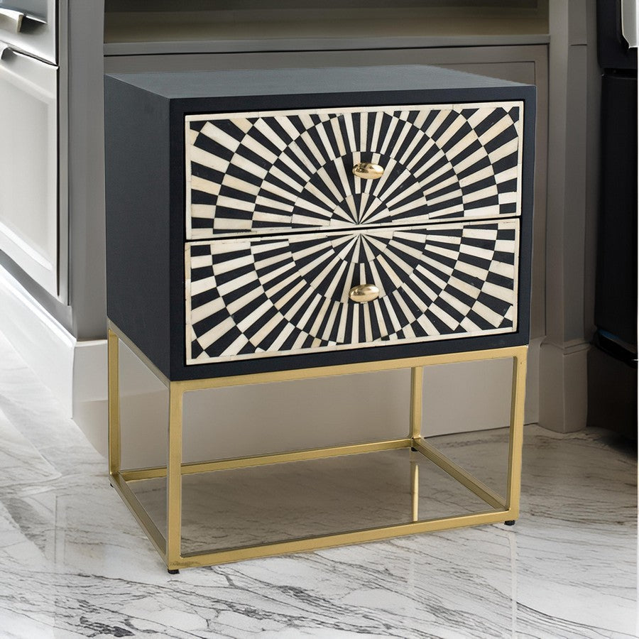 24 Inch Sideboard Cabinet, 2 Drawers, Sunray Bone Inlay, Iron, Brass, Black By Casagear Home