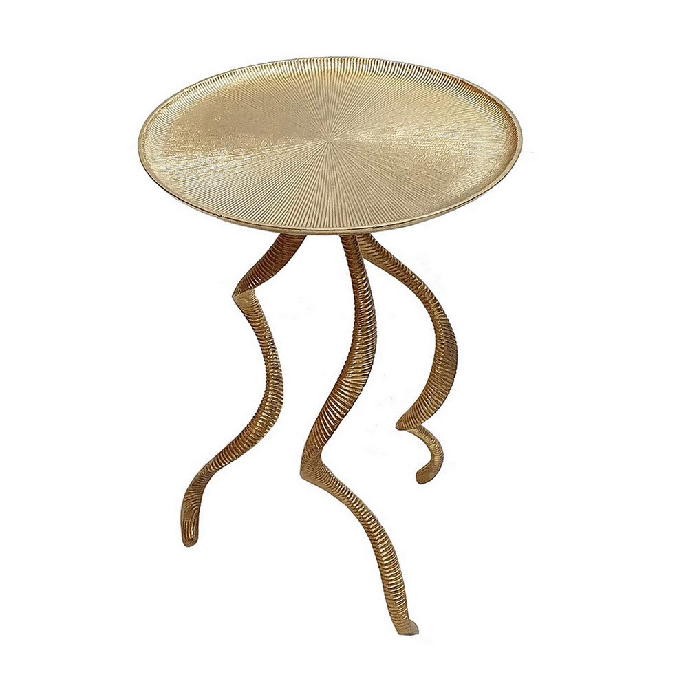 24 Inch Accent Side Table Antler Base Design Ribbed Top Aluminium Gold By Casagear Home BM311672