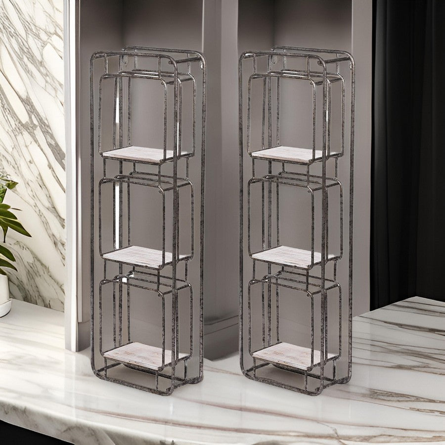 36 Inch Shelves Set of 2, 3 Tier Design, Iron Frame, Wood, Gray Finish By Casagear Home
