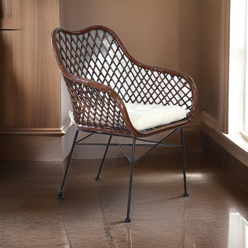 25 Inch Palapa Side Chair, Cushion, Rattan Cane, Iron Legs, White, Black By Casagear Home