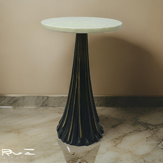 18 Inch Side Drink Table, Tall Tassel Frame, Round Top, Metal, Black, White By Casagear Home