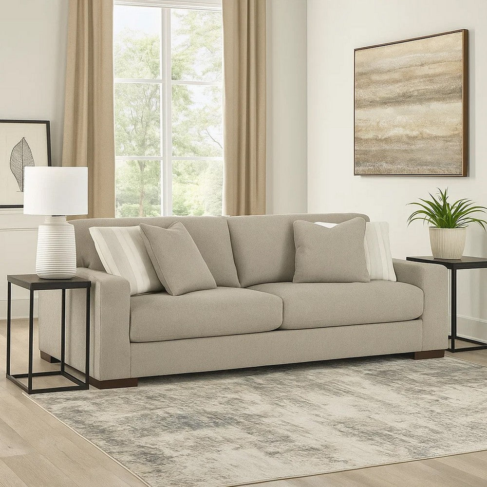 Ashley Magg 96" Sofa, 4 Ivory Throw Pillows, Flax Beige Polyester