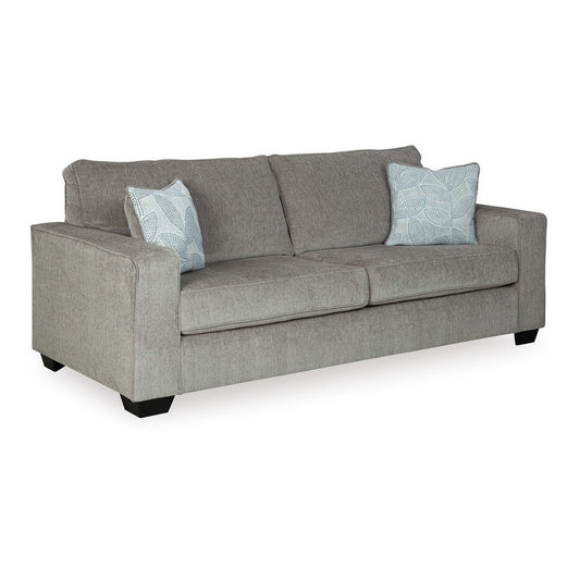 Ashley Alti 85" Sofa, 2 Floral Throw Pillows, Light Gray Chenille