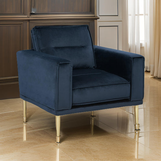 Maca 35 Inch Accent Chair Navy Blue Polyester and Brass Metal Legs By Casagear Home BM311719