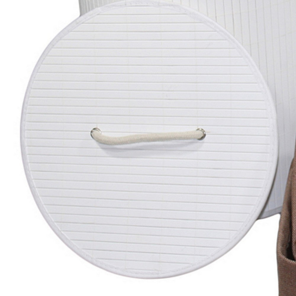 5 Piece Laundry Basket and Tray Set, Round Folding Brown Bamboo, White By Casagear Home