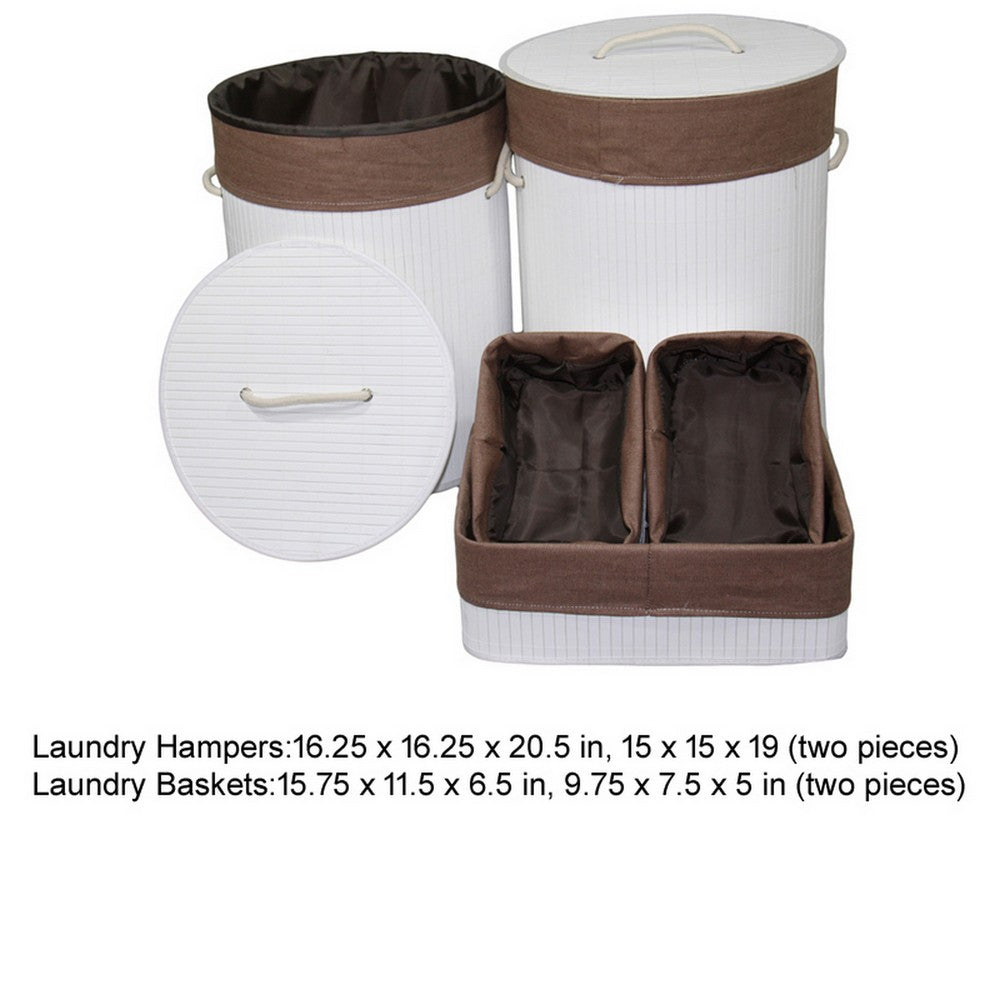 5 Piece Laundry Basket and Tray Set, Round Folding Brown Bamboo, White By Casagear Home