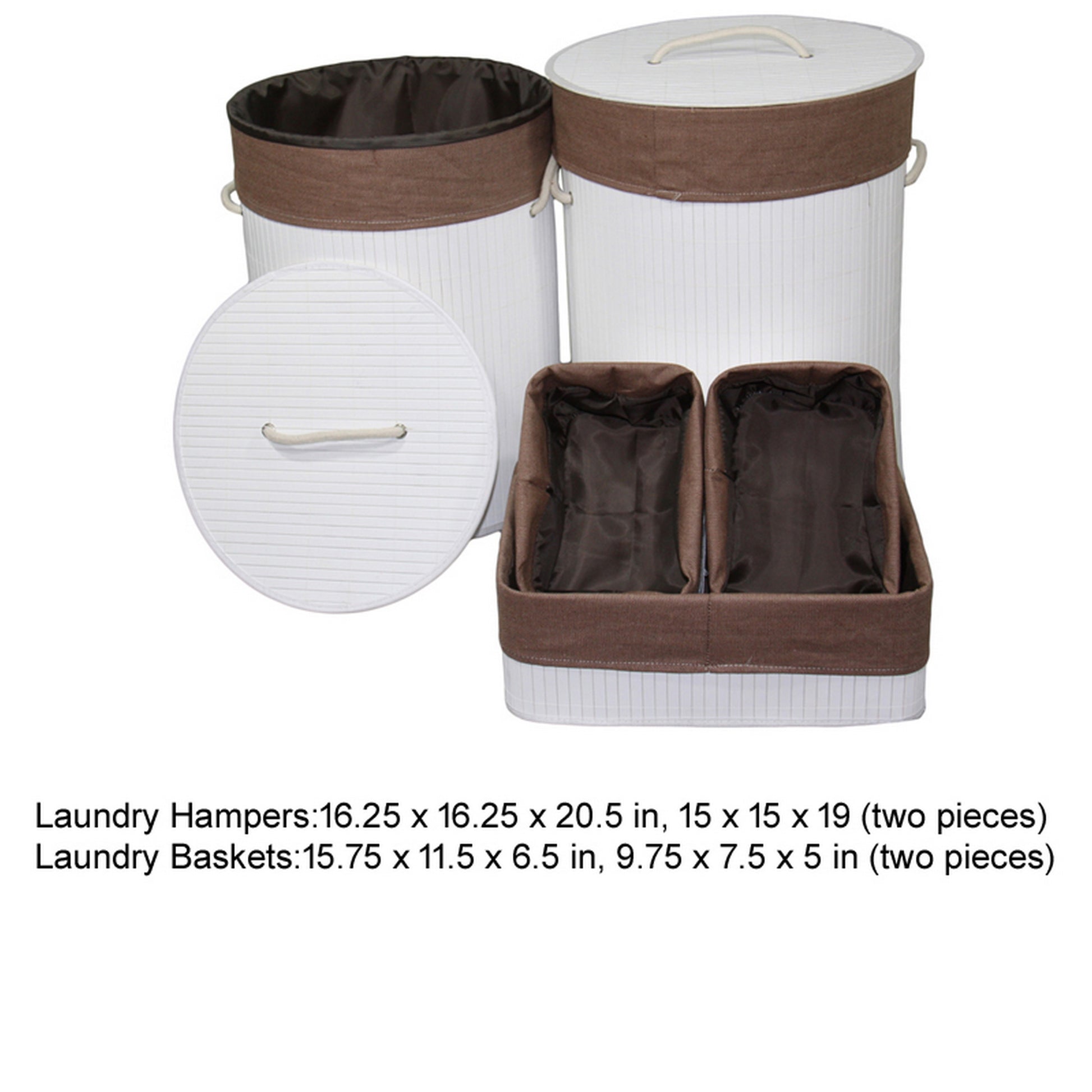 5 Piece Laundry Basket and Tray Set Round Folding Brown Bamboo White By Casagear Home BM311746