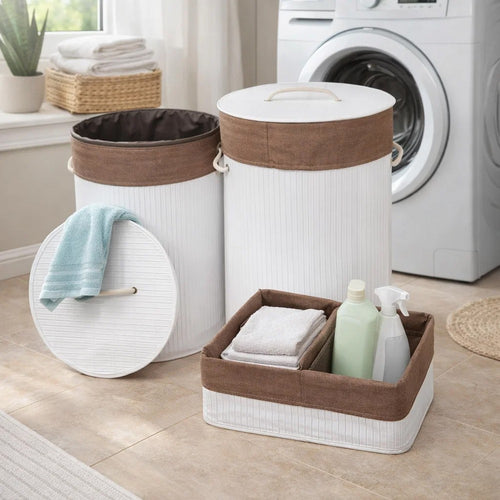 5 Piece Laundry Basket and Tray Set, Round Folding Brown Bamboo, White By Casagear Home