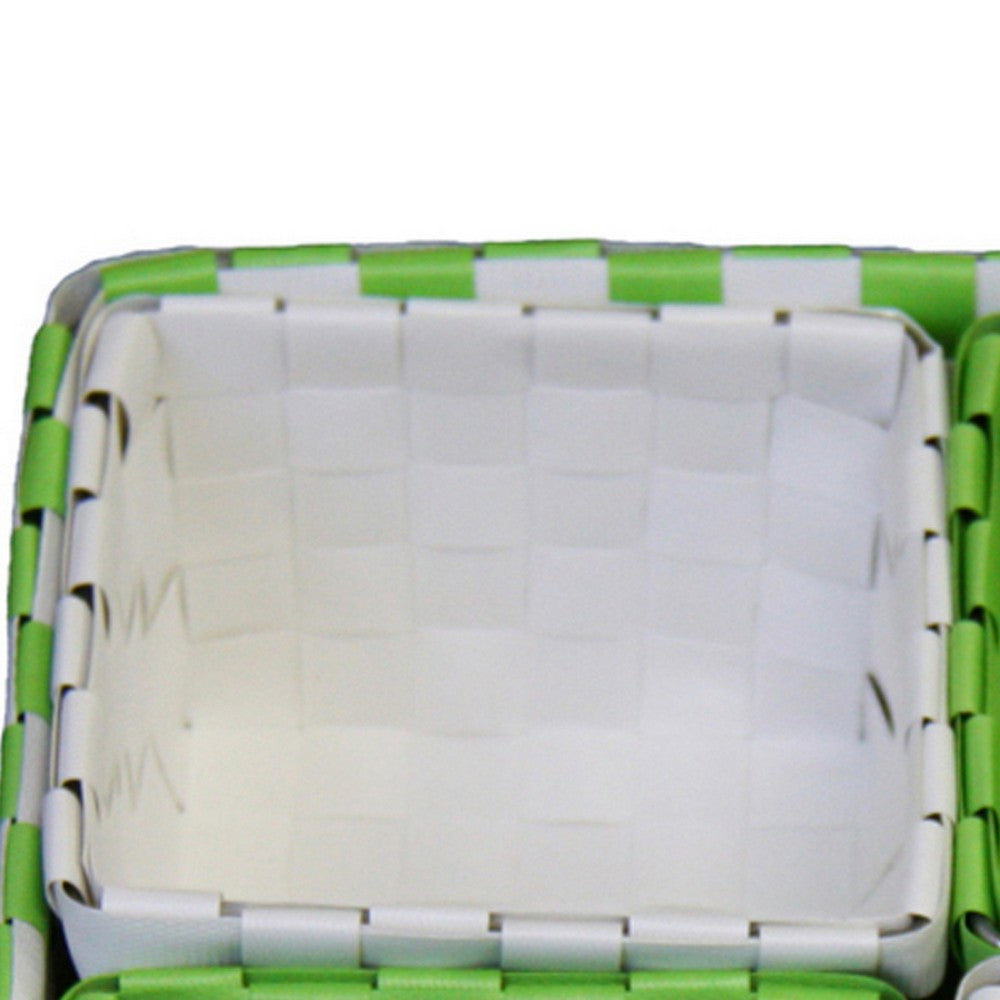5 Piece Basket and Trays, Hand Woven, Checkered Pattern, Green and White By Casagear Home