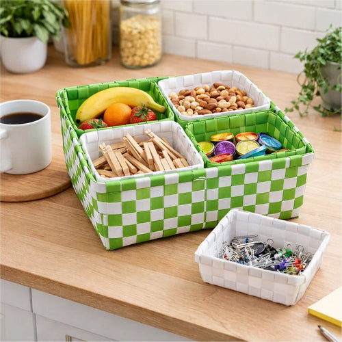 5 Piece Basket and Trays, Hand Woven, Checkered Pattern, Green and White By Casagear Home