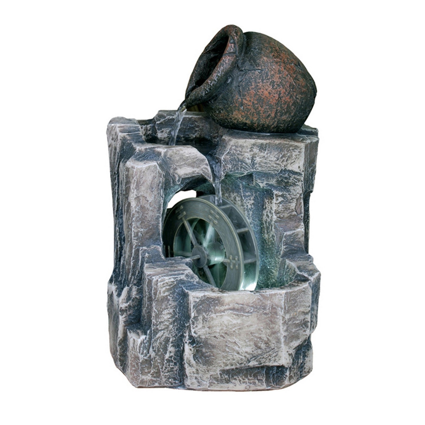 Tay 12 Inch Tabletop Water Fountain Wheel Mill LED Lighting Rustic Gray By Casagear Home BM311749