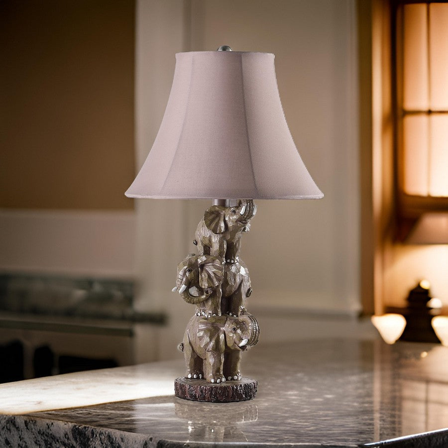 21 Inch Accent Table Lamp, 3 Stacked Elephants, Linen Bell Shade Brown Gray By Casagear Home