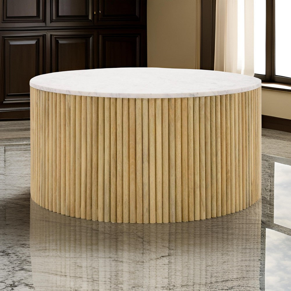 Cid Jolie 32 Inch Coffee Table, White Marble Top, Brown Mango Drum Base By Casagear Home