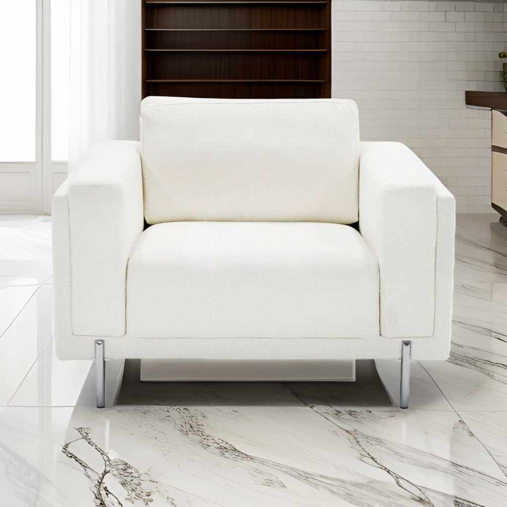 44 Inch Chair, Tuxedo Square Arms, Metal Legs, Off White Fabric Upholstery By Casagear Home