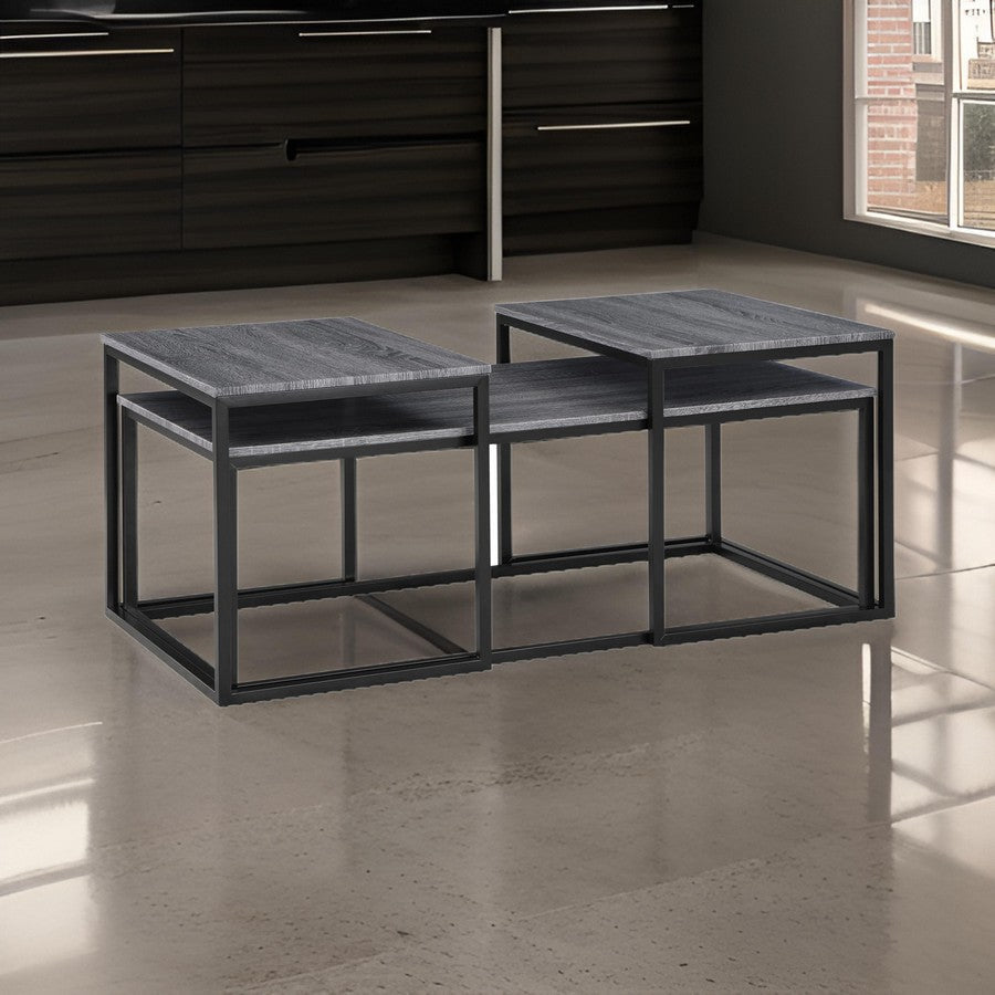 Rebecca 3pc Nesting Coffee and End Table Set, Black Metal, Gray Wood Top By Casagear Home