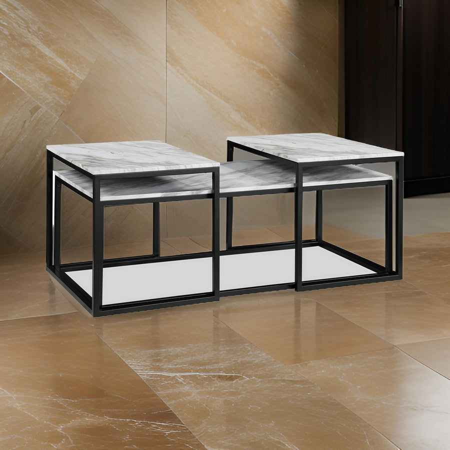 Rebecca 3pc Nesting Coffee and End Table Set, Black Metal, White Marble Top By Casagear Home