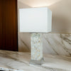 27 Inch Table Lamp Set of 2, Square White Shade, Steel Base, Marble, White By Casagear Home