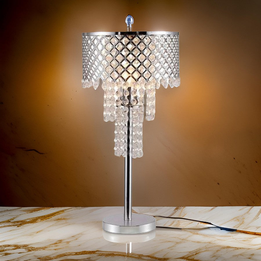 Denise 29 Inch Table Lamp, Glass, Metal Frame, Mesh Shade, Crystals, Gold By Casagear Home