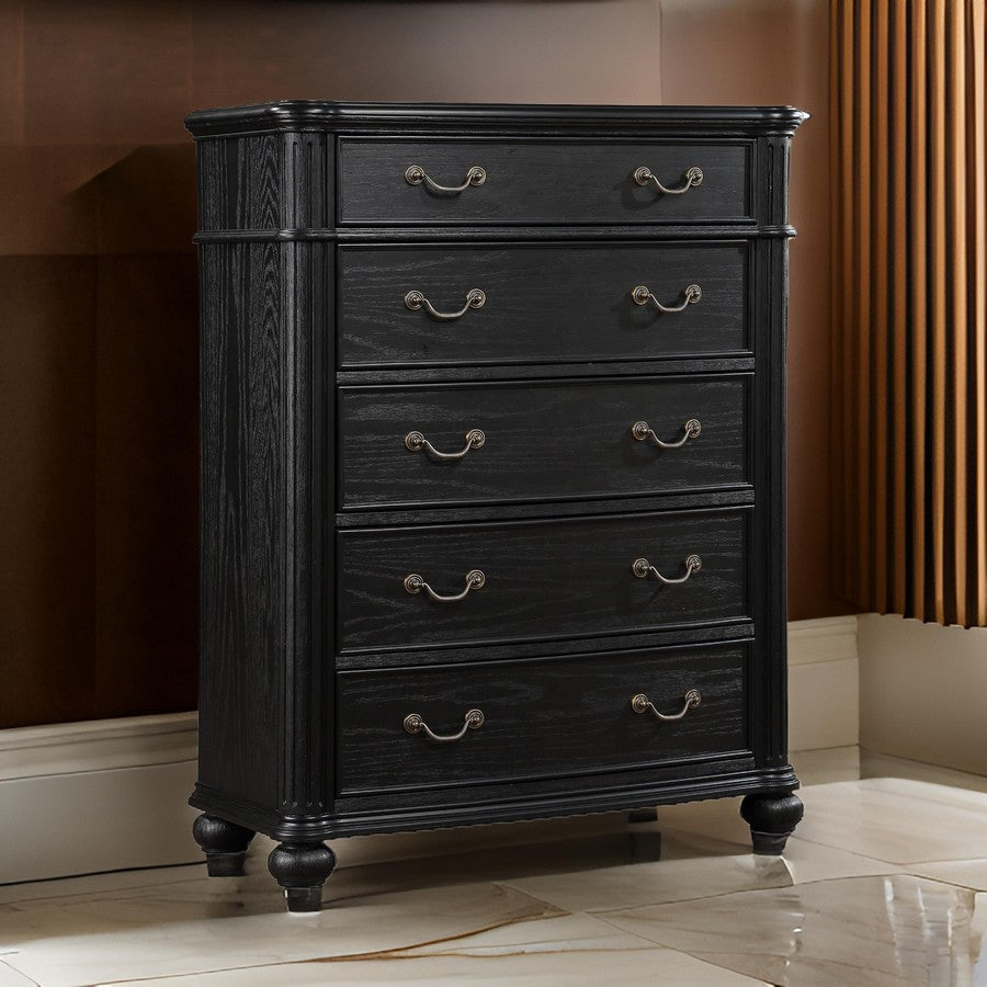 Berry 49 Inch Tall Dresser Chest, Wood, Metal Handles, 5 Drawers, Black By Casagear Home