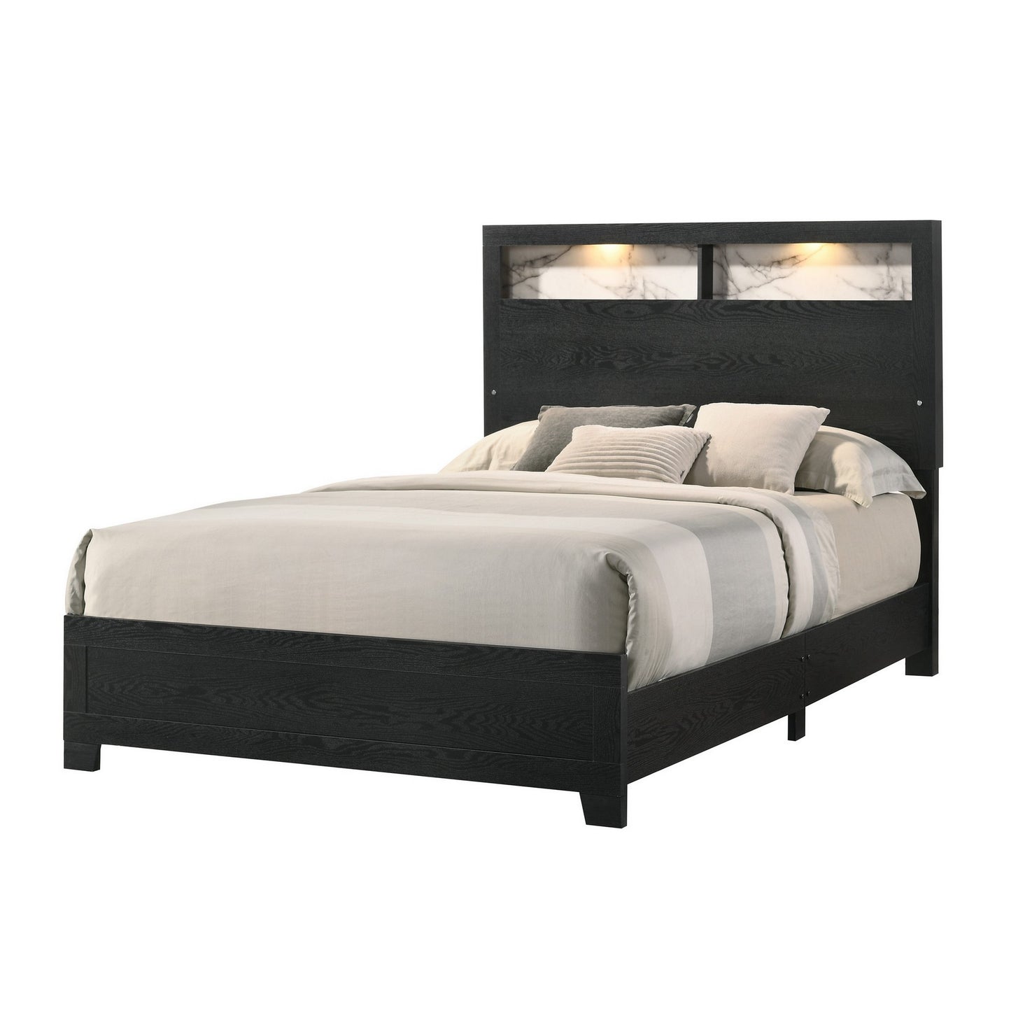 Yoh King Size Bed Wood Headboard with Lights and Shelves Black By Casagear Home BM311818