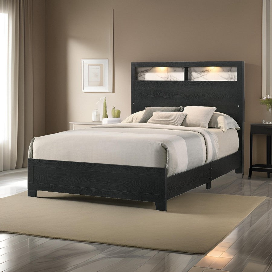 Yoh Queen Size Bed, Wood, Headboard with Lights and Shelves, Black By Casagear Home