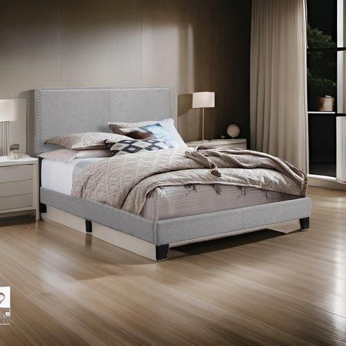 Shirin Full Size Bed, Wood, Nailhead Trim, Upholstered Headboard, Gray By Casagear Home