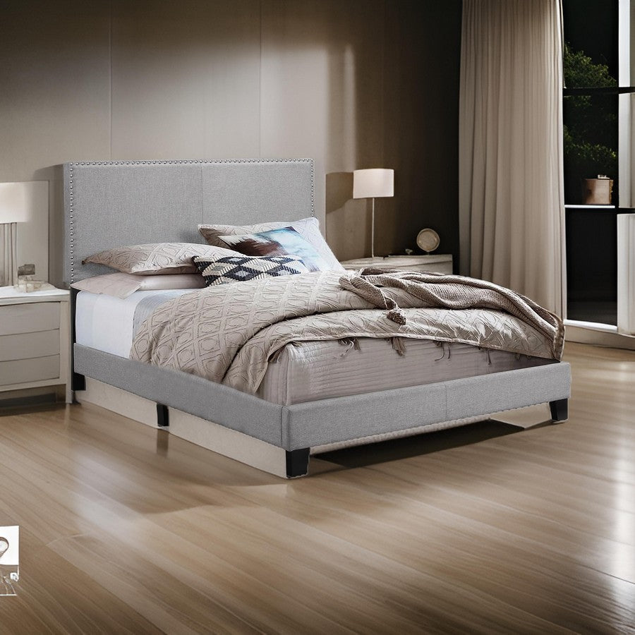 Shirin Full Size Bed, Wood, Nailhead Trim, Upholstered Headboard, Gray By Casagear Home