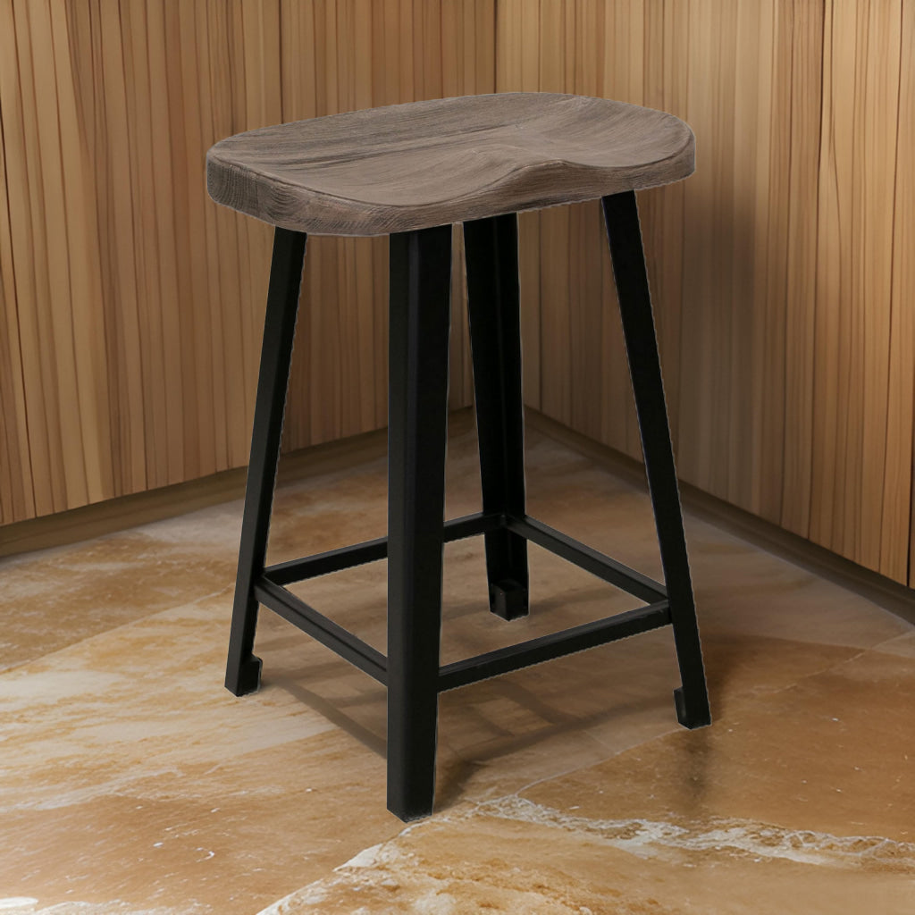 Simi 24 Inch Counter Height Stool, Industrial Black Metal Base, Brown Wood By Casagear Home