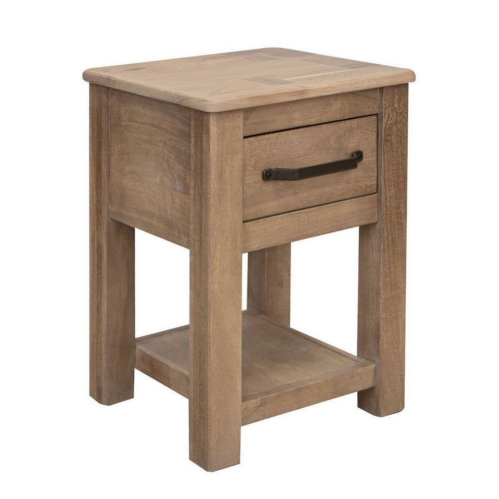 Umey 24 Inch Chairside Table Drawer Lower Shelf Natural Brown Wood By Casagear Home BM311866