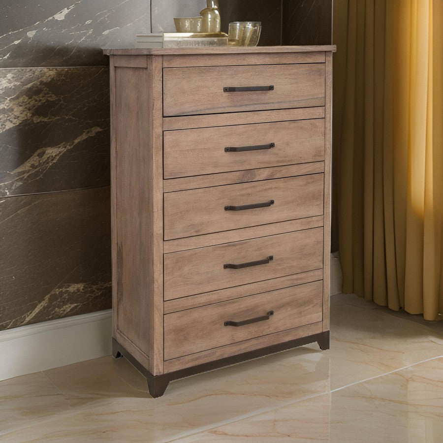 Umey 55 Inch Tall Dresser Chest, 5 Drawers, Light Natural Brown Wood By Casagear Home