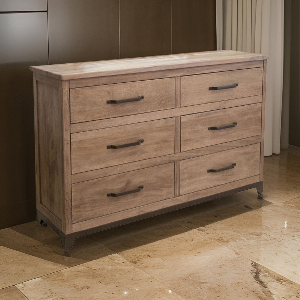 Umey 62 Inch Dresser, 6 Drawers, Metal Handles, Light Natural Brown Wood By Casagear Home