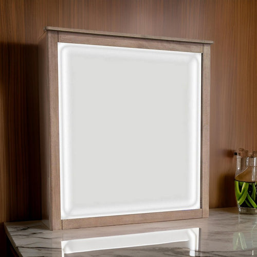 Umey 37 x 38 Inch Dresser Mirror, Beveled, Light Natural Brown Wood Frame By Casagear Home