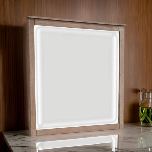 Umey 37 x 38 Inch Dresser Mirror, Beveled, Light Natural Brown Wood Frame By Casagear Home