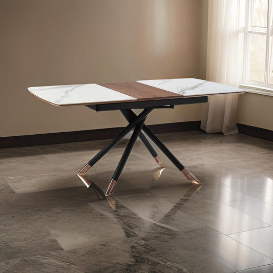 Lina 51-67 Inch Extendable Dining Table, Gray Ceramic and Walnut Wood Top By Casagear Home